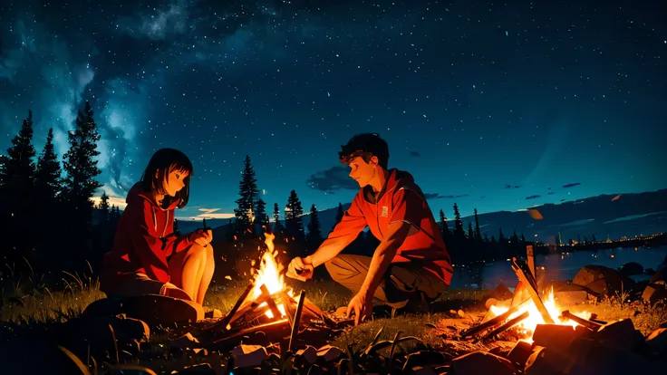 bonfire , night camp , couple holding hands