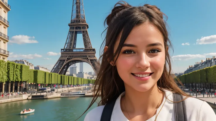 8k, best quality, masterpiece, realistic, ultra detail, photo-realistic, Increased quality, a photo of a girl standing in Paris, Eiffel tower background, in the style of colorful, photo bash, happy faces, jagged edges, natural beauty, close-up shot