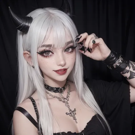 1girl, egirl, white hair, straight hair, freckles, devil horns, gothic dress, dog collar, eyeliner, mascara, eye shadow, smoky e...