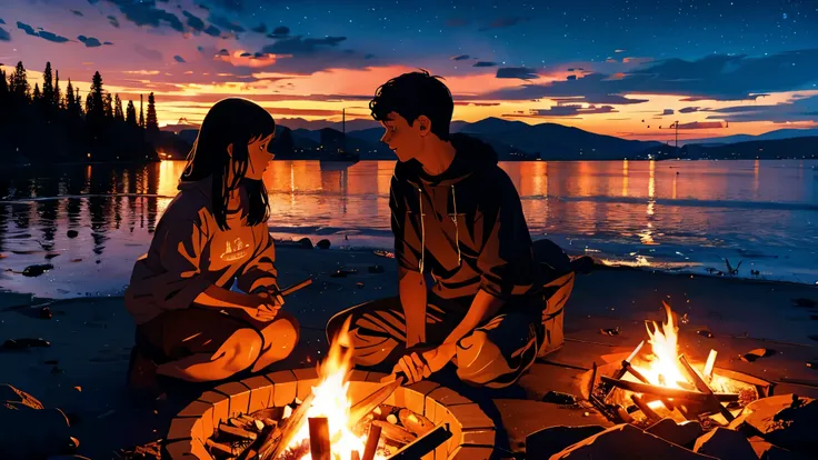 bonfire , night camp , couple holding hands