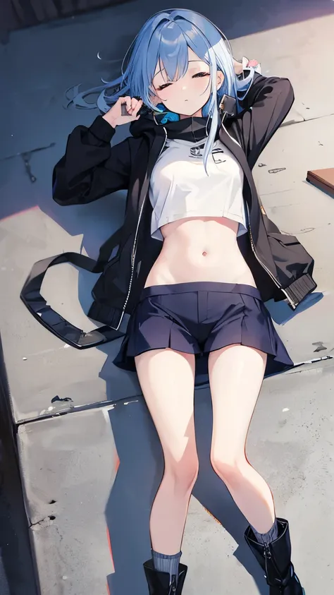 Cool girl, belly button exposed, thin legs, calf-length socks, boots, sleeping