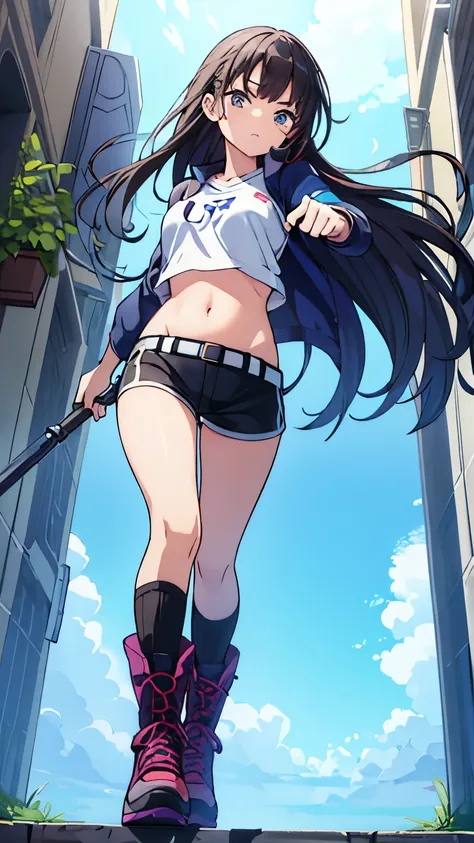 Cool girl, belly button exposed, thin legs, calf-length socks, boots, fighting the enemy