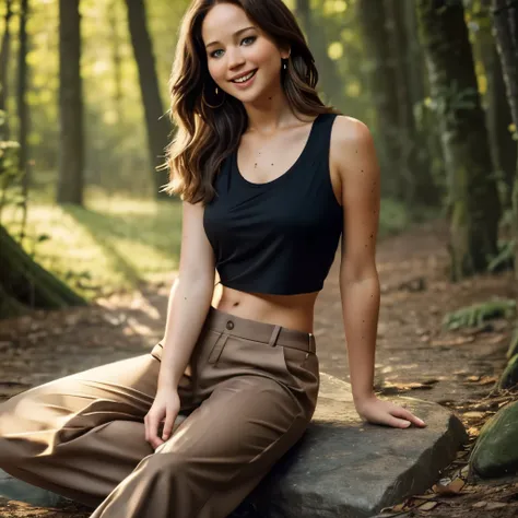 bokeh,distance shot, full view,cinematic light,DSLR,masterpiece,high detailed,brown long hair,dark, jennifer lawrence, actress, 8k, masterpiece, ultrarealistic picture, perfect details on her face, midriff, cropped tshirt, barefoot, excellent outfit view, ...