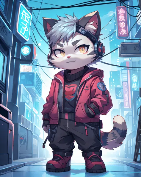 cat dressed as cyberpunk, chibi, standing, background neon city, stunning style