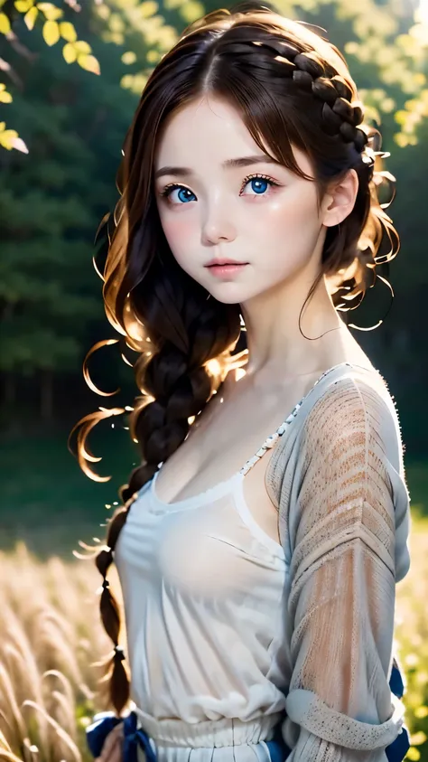 one woman、cute face、Rin々new expression、Japanese、charming eyes、mesh chestnut hair:1.5、french braid、18 years old、gray eyes、camisole dress、blue outerwear、outdoor、Rinとした佇まい、Wheat field