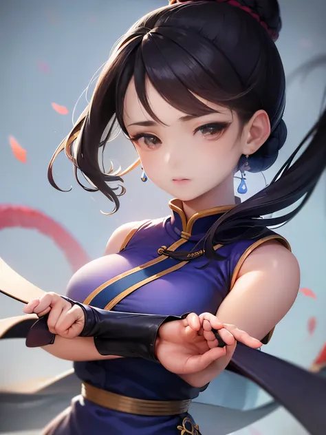 Paichang, Twin blades with blue ribbon, brown eyes, double bun,black hair, alone , Tai Chi stance, close,
Paiati,blue chinese dress, Red band, pants, No sleeve,
 blue sky, cloudy, evening, grassland, 
(Extremely detailed, beautiful detailed face, masterpie...