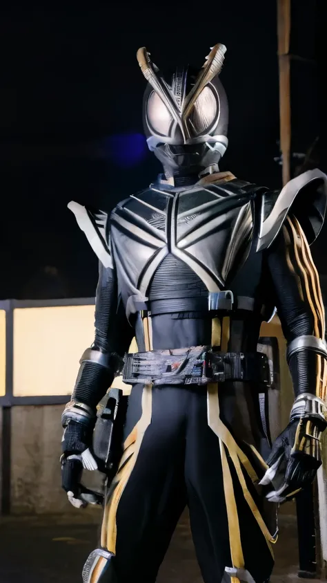 Kamen Rider Convict, metallic black bull motif, set in the city of Shishio Campilinez on top of a building at night.