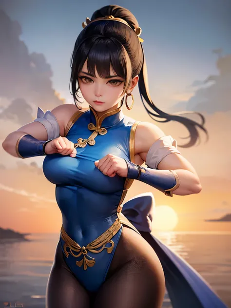 Paichang, Twin blades with blue ribbon, brown eyes, double bun,black hair, alone , Tai Chi stance, close,
Paiati,blue chinese dress, Red band, pants, No sleeve,
 blue sky, cloudy, evening, grassland, 
(Extremely detailed, beautiful detailed face, masterpie...