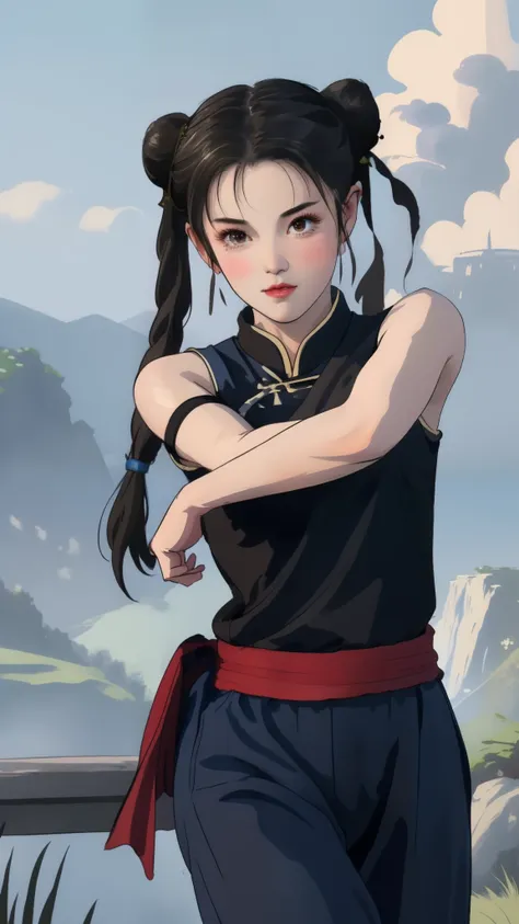 Paichang, Twin blades with blue ribbon, brown eyes, double bun,black hair, alone , Tai Chi stance, close,
Paiati,blue chinese dress, Red band, pants, No sleeve,
 blue sky, cloudy, evening, grassland, 
(Extremely detailed, beautiful detailed face, masterpie...