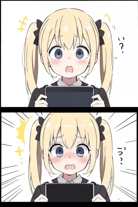 (blonde:1.2),(twin tails:1.2),(surprised face:1.3),(Surprised face:1.3),(blush),(cute),(have smart-phone:1.2)(I&#39;m surprised to see the screen:1.3),