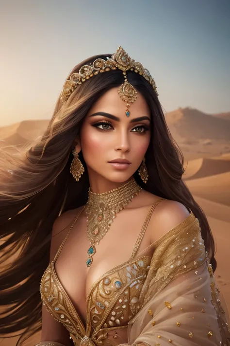 A closeup portrait of a Persian princess, royalty personified, adorned in intricately designed clothing, heavily embellished with precious gems and metals. Her makeup, a blend of ancient traditions and modern elegance, emphasizes her symmetrical features. ...