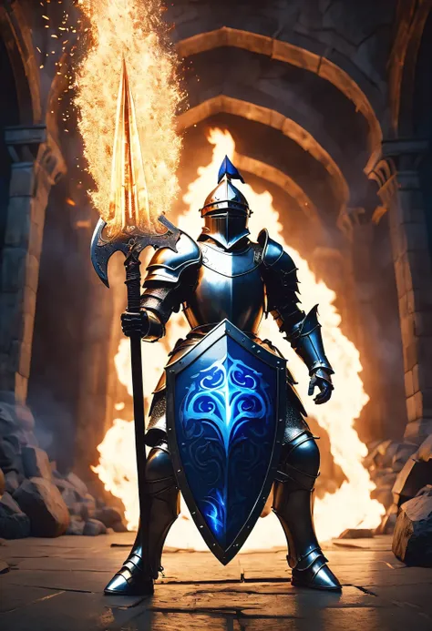 epic shot action pose a knight, full armor, helmet, (hold shield), Reflect fire with a big shield, (detailed shield), blue fire swirling around character, absurdres, masterpiece, best quality, high resolution, unreal engine render, high quality render, mac...