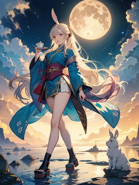 Anne Anderson, Sulamith Wülfing, Surreal, mysterious, strange, fantastical, fantasy, Sci-fi, Japanese anime, walking seashells, morning full moon, miniskirt beautiful girl having tea with a rabbit, perfect voluminous body, detailed masterpiece 