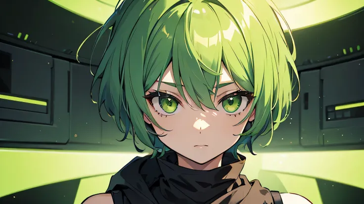 A female character with short hair that is green on the outside and yellow on the inside, and green eyes.