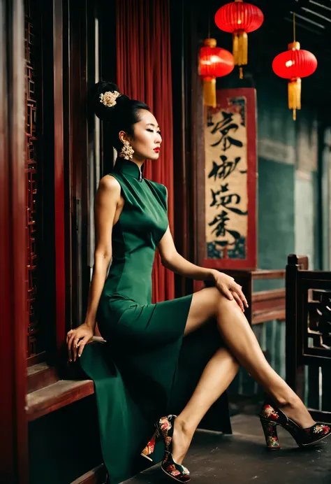 （in the 1940s, a fashionable shanghai beauty wearing a chinese cheongsam stood with her face facing the wall and her whole body ...