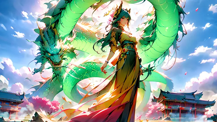 anime girl and dragon in a field of flowers with a sky background, a picture by Yang J, pixiv contest winner, fantasy art, dragon girl, chinese fantasy, the dragon girl portrait, a beautiful artwork illustration, loong, cyan chinese dragon fantasy, anime s...