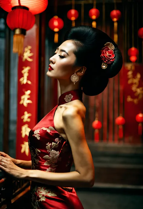 （in the 1940s, a fashionable shanghai beauty wearing a chinese cheongsam stood with her face facing the wall and her whole body ...