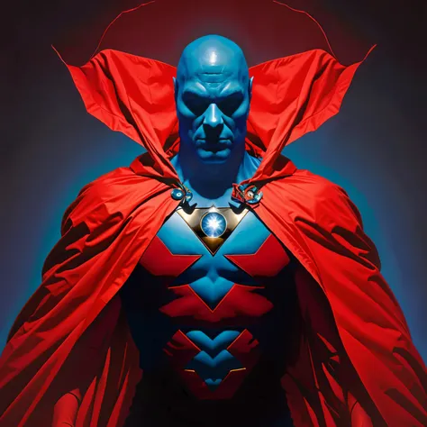 blue alien superhero with a large cape and a cimbolo of a ufo silhouette on his chest art by alex ross