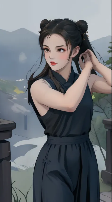 Paichang, Twin blades with blue ribbon, brown eyes, double bun,black hair, alone , Tai Chi stance, close,
Paiati,white chinese dress clothing, pink obi, pants, No sleeve,
blue sky, cloudy, evening, grassland,
(Extremely detailed, beautiful detailed face,...