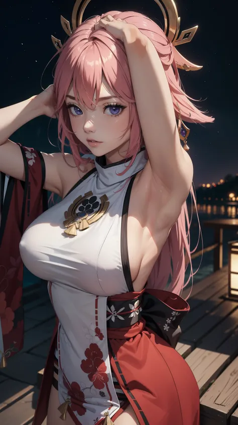 Masterpiece, ultra detailed, 8k, night sky, yaemikodef, large breast, ((armpits poses))