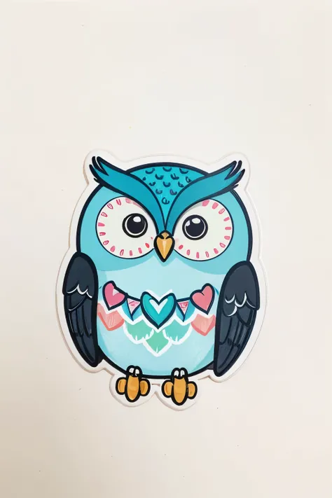 sticker, happy colorful owl, kawaii, contour, white background