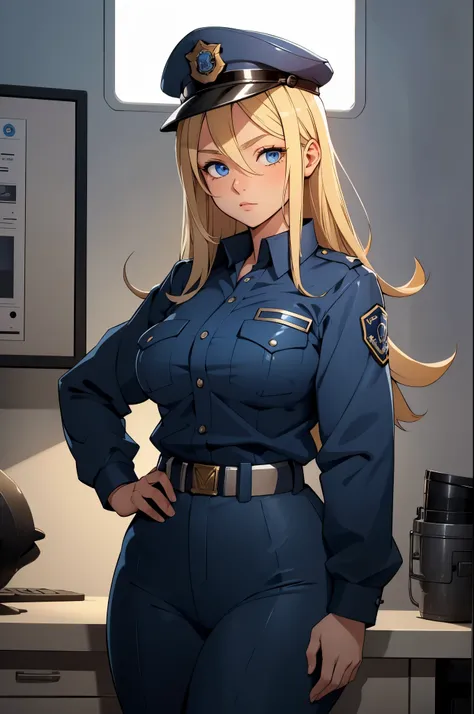 Cute girl, blond hair, blue eyes, cute, 15 years old, police hat, curvy, slim waist, police uniform at work