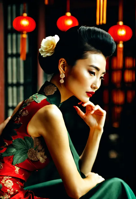 （in the 1940s, a fashionable shanghai beauty wearing a chinese cheongsam stood with her face facing the wall and her whole body ...