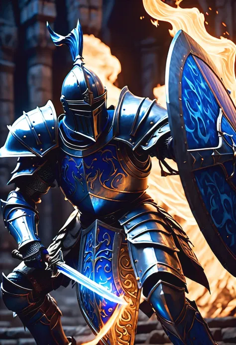 epic shot action pose a knight, (side view), full armor, helmet, (hold a big shield), (detailed shield), blue fire swirling arou...