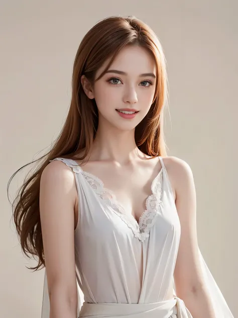 8k, (((smile)), 30 years old, View viewer, (((Attractive face)), Beautiful chiffon clothes, Ultra high quality, (Body from waist up)), Photo realistic, Beautiful face and eyes in every detail, (chestnut hair),One piece, (White marble background), Top quali...