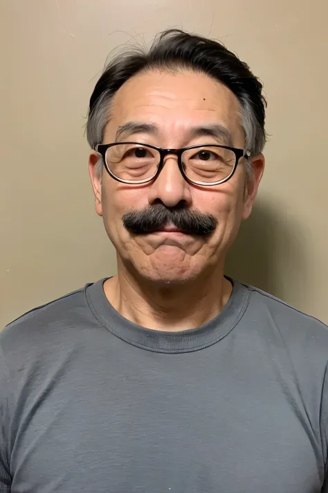 50 year old man、Japanese、175cm、68Kg、long face、moustache、Mixed with gray hair、short hair、sports、glasses