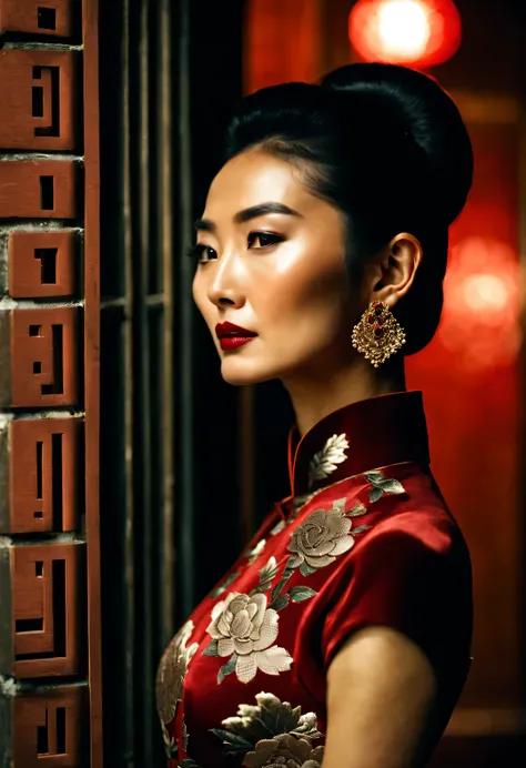 background：there is only one wall，（in the 1940s, a fashionable shanghai beauty wearing a chinese cheongsam looked at the brick w...