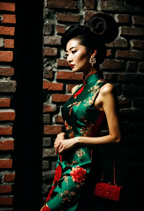 （background：just a brick wall），vision（in the 1940s, a fashionable shanghai beauty wearing a chinese cheongsam looked down at the...