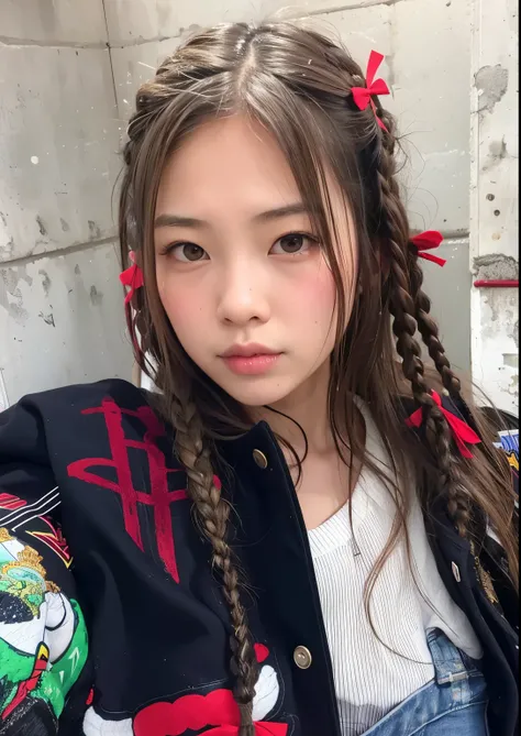 puffy Asian girl with long hair and red bows in a jacket, ayami you are, Yoshitomo Nara, chiho, Yukii Morita, Takeyuki Kanda, braids hairstyle, Retrato de Jossi do Blackpink, The motto is Teshirogi, penteado twintails, shikami