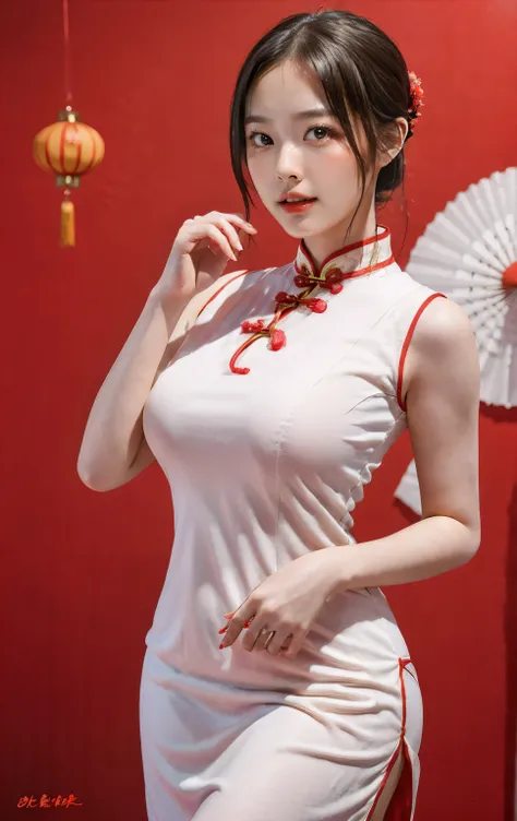 SEX BIG BOOB Photo beautiful young asian woman with clean fresh skin wearing traditional cheongsam qipao dress holding fan posing on red background portrait of female model in studio happy chinese new year
