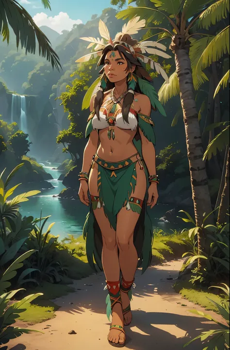 (((Indigenous woman))) best quality, very high resolution, detailed CG in 4K, masterpiece, sexy, green feathers, amazon brazil, rivers, indigenous, indigenous tribes, indigenous city, forest, aesthetics, beautiful image, centered on screen, full body