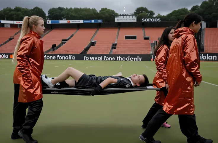 Soccer player is taken away on a stretcher, There is a man lying on his back on a stretcher with his hands grabbing his hurting leg, a man in a t-shirt and sports shorts has put his hands on his injured leg, the man has an agonised face looking to the sky,...