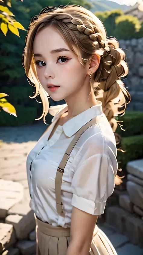 one woman、cute face、rin々new expression、japanese、japanese、、gray eyes、beige hair、french braid、１６talent、white shirt、デニムのlong skirt、...