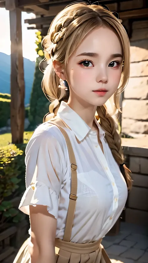 one woman、cute face、rin々new expression、japanese、japanese、、gray eyes、beige hair、french braid、１６talent、white shirt、デニムのlong skirt、...