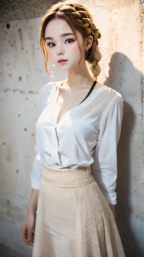 one woman、cute face、Rin々new expression、Japanese、Japanese、、gray eyes、beige hair、french braid、１６talent、white shirt、デニムのlong skirt、long skirt、random pose、(((photography studio、concrete background、perfect lighting、professional photographer、50ｍｍlens)))、highest ...