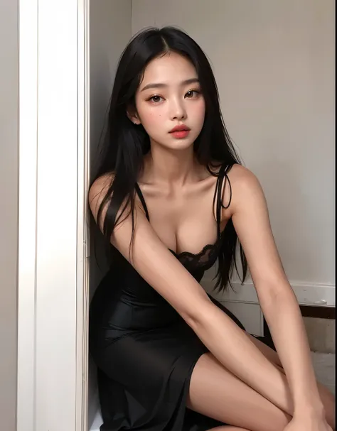 jennie do blackpink de Araffe em um vestido preto sentado em uma cama, beautiful chinese model, gorgeous young mulher coreana, beautiful Asian girl,  coreana, beautiful south mulher coreana, Asian girl, beautiful Asian woman, beautiful young mulher coreana...