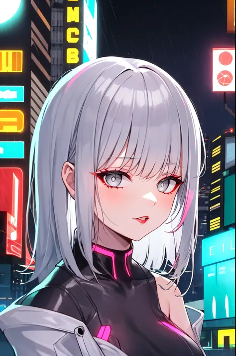 lucy (cyberpunk), 1girl,  hair scrunchie, hime cut, silver hair, colored tips, full moon, grey eyes, jacket, long sleeves, looking at viewer, medium hair, multicolored hair, parted bangs, parted lips, pink hair, portrait, red eyeliner, red lips, solo, whit...