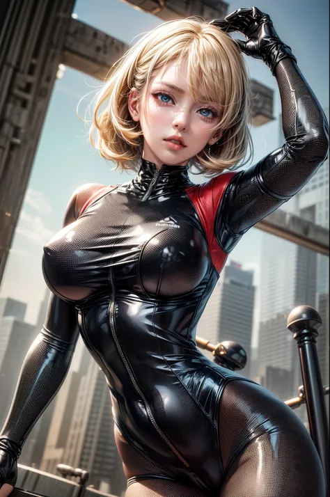 delicate face, 20-year-old kpop idol cyborg girl, dark(carbon fiber high leg cut leotard), Chest opening, {{angled bob}}, (big breasts:1.25), (mechanical joint), bangs, attractive curves, mid pelvis, seaside, standing posture, beach, glowing skin, ((puffya...