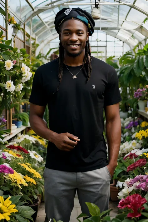 ((perfect photograph)), ((realistic)), (perfect face), handsome Jamaican man wearing a straight black shirt, standing square in front of the camera, in a glass greenhouse full of a large variety of colorful flowers, wearing a hat, dreads, smiling, sunny da...