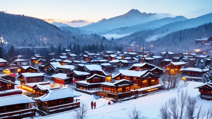 The background is the big mountain，Hmong village，50 focal length（eye level），（night）Miao stilt building，Hanging foot building façade，Posting couplets on stilted buildings，Chinese Spring Festival atmosphere，There is snow on the stilted building