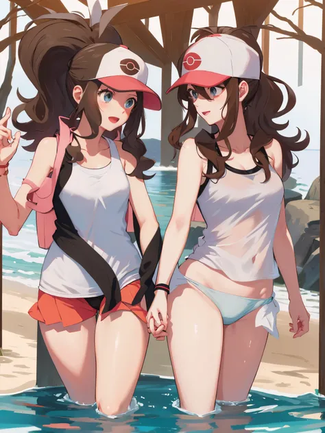 Two people，Pokémon characters of Hilda and Rosa，Both were wearing white swimsuits，green eyes，hat，outdoor，Waters Edge