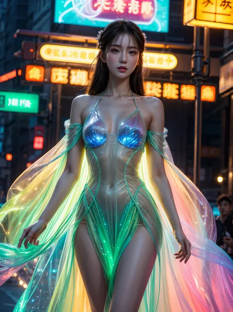 (masterpiece), realistic, UHD ,8k, Photography of a stunning young Chinese woman in a fashion-forward ensemble, illuminated by the vibrant glow of neon lights. The soft, cinematic lighting accentuates her flawless, translucent skin, giving her an ethereal ...