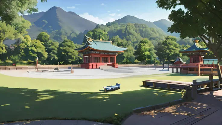 anime scenery of a pagoda in a park with a bench, anime background, anime background art, background art, temple background, anime scenery, anime movie background, anime landscape, beautiful anime scenery, anime countryside landscape, zen temple background...