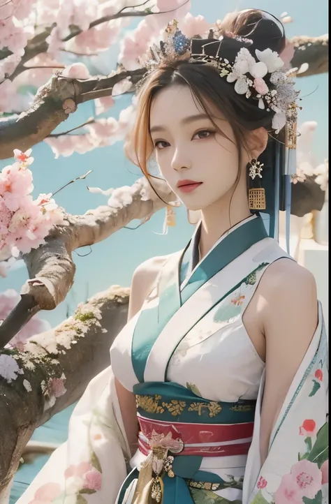 with blue sky and white clouds，mountain in the distance、tower and many people，pink flowers that，cherry tree，Hanfu woman,Phoenix Crown Tiara、Meticulous embroidery、Wearing Hanfu pantyhose、Hanfu stockings、Wearing long-sleeved Hanfu、Clear panties are clearly v...