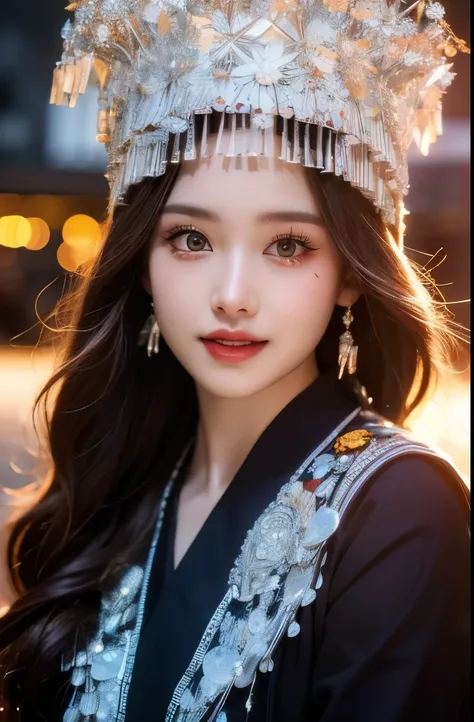 best quality， ultra high resolution， Official wallpaper， （lifelike：1.4）， （1Hmong girl）， （18 year old girl），Hmong headdress，Hmong clothes， Highly detailed face， beautiful eyes， （Smile：0.6）， looking at the audience，（After the rain，outdoor，moist）Extremely det...