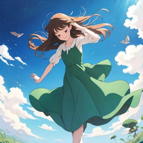 「Wearing an elegant dress that flies in the sky、Let&#39;s draw a Ghibli-style female character dancing on the wind..。」